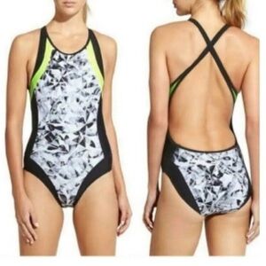Athleta Streamline One Piece Swimsuit Open Back Black Neon Yellow Womens size M
